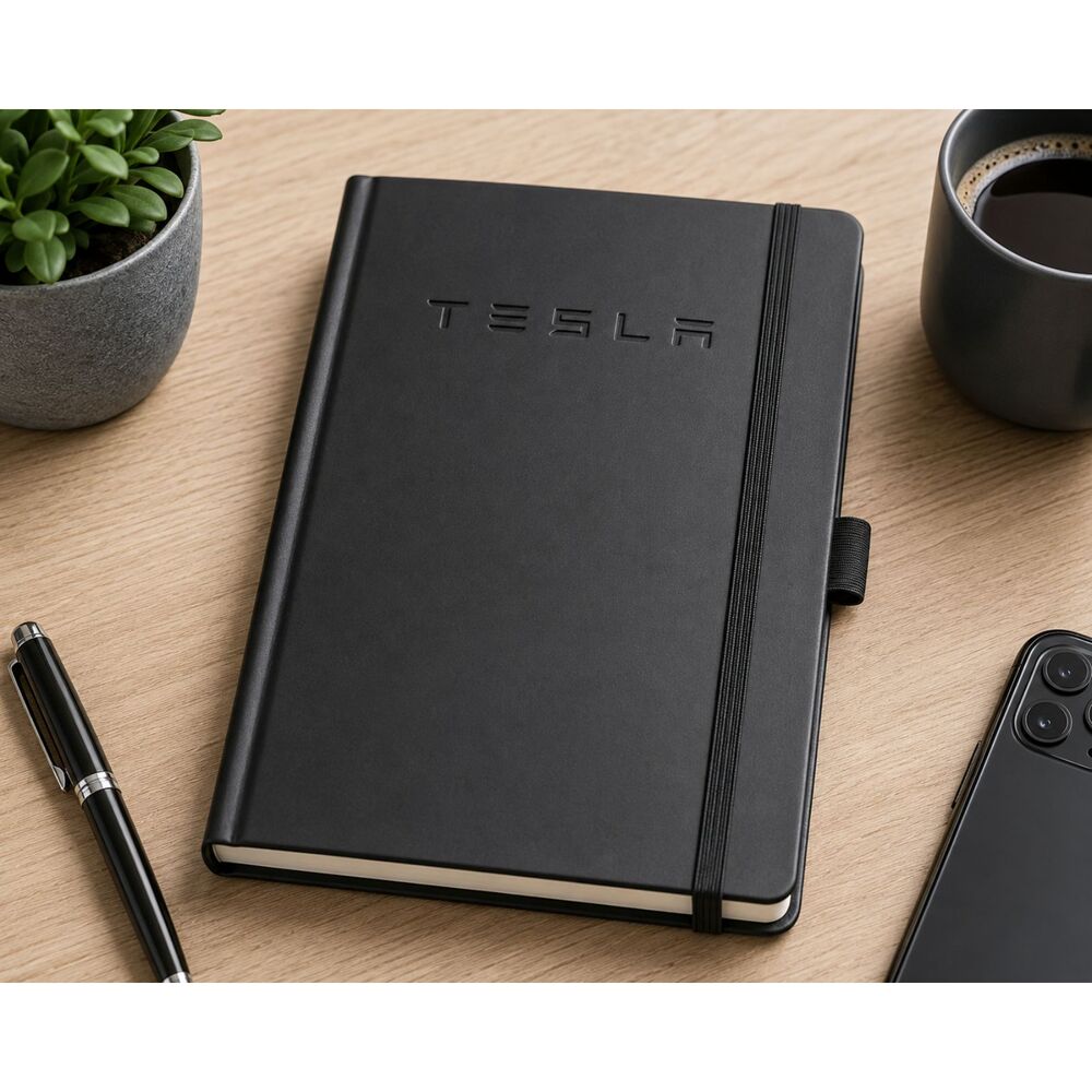 Tesla Black Leather-Look Notebook Journal Embossed Logo Elastic Closure New